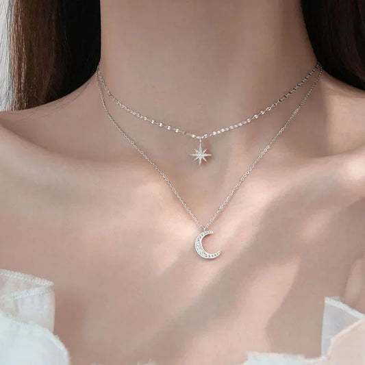 925 Silver Necklace for Women Double Layer Zircon Star Moon Pendant Necklace Delicate Chain Charm Elegant Fashion Jewelry Gifts