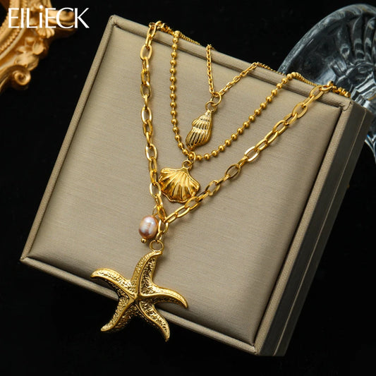 EILIECK 316L Stainless Steel Starfish Conch Shells Pearl Pendant Necklace For Women New 3in1 Choker Chains Jewelry Lady Gift