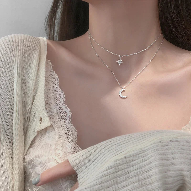925 Silver Necklace for Women Double Layer Zircon Star Moon Pendant Necklace Delicate Chain Charm Elegant Fashion Jewelry Gifts