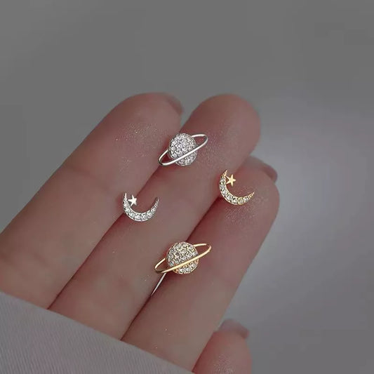 Simple Piercing Stud Earrings for Women Star Moon Zircon Silver Color Needles Tragus Cartilage Asymmetry Pendiente Fine Jewelry